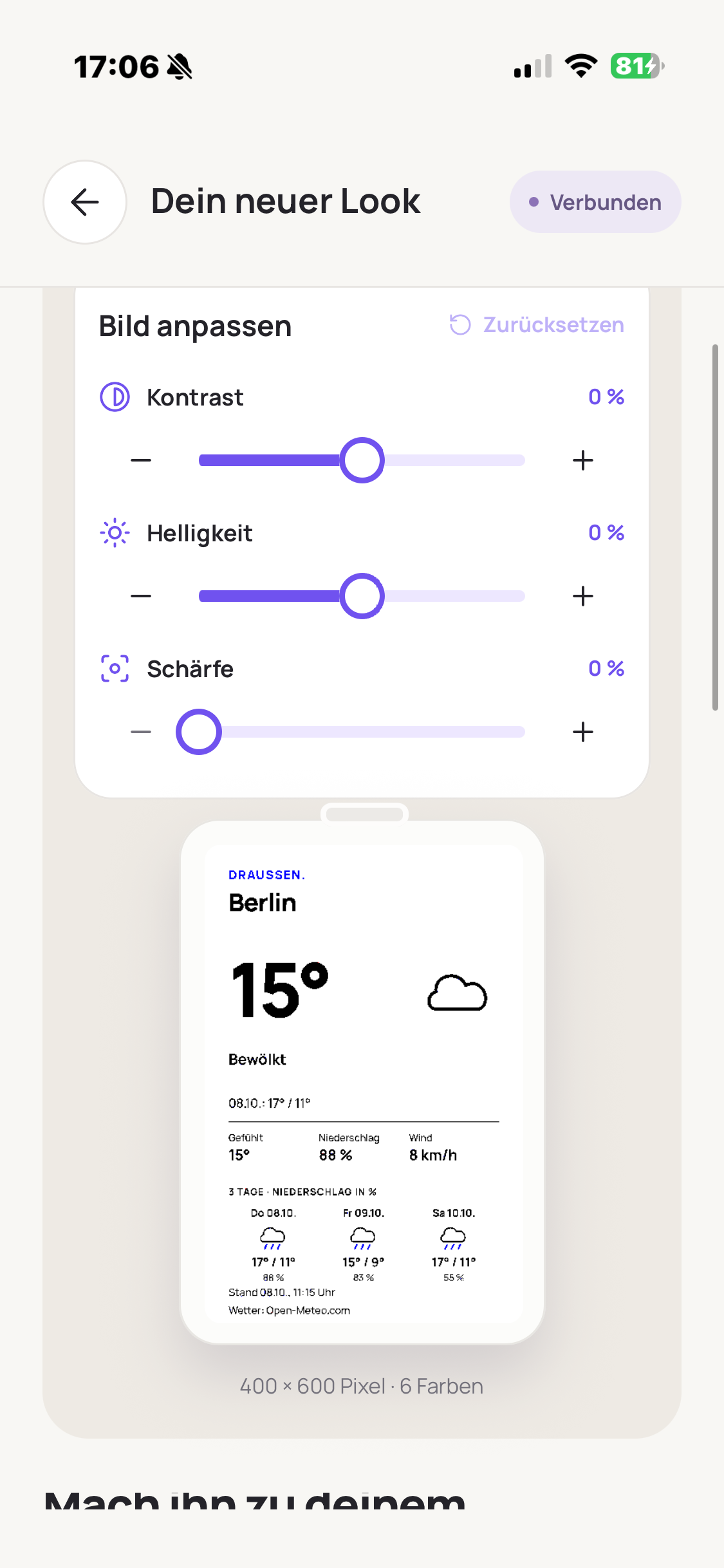 Original myLoopi Bildeditor mit Reglern und Wettervorschau