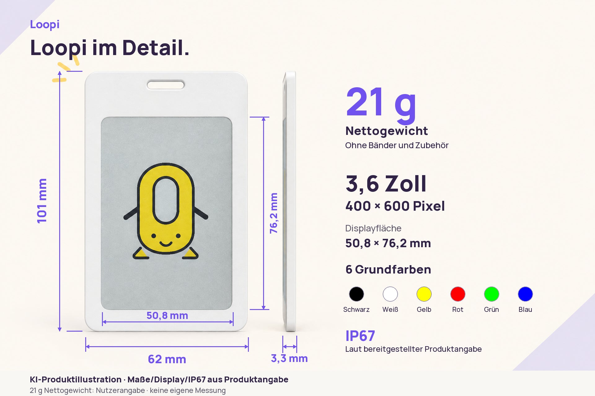 Maßillustration von Loopi: Gehäuse 101 Millimeter hoch, 62 Millimeter breit und 3,3 Millimeter tief; Displayfläche 50,8 mal 76,2 Millimeter.
