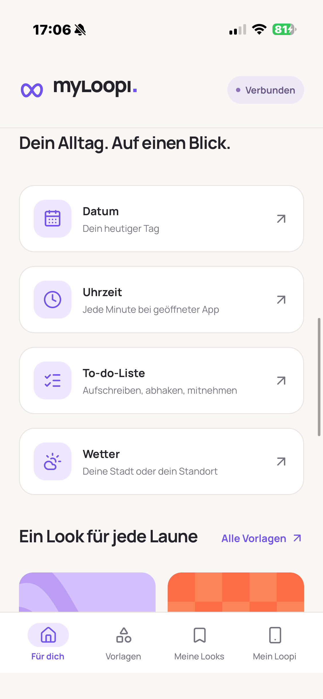 Original myLoopi Alltagansicht mit Datum, Uhrzeit, To-do-Liste und Wetter