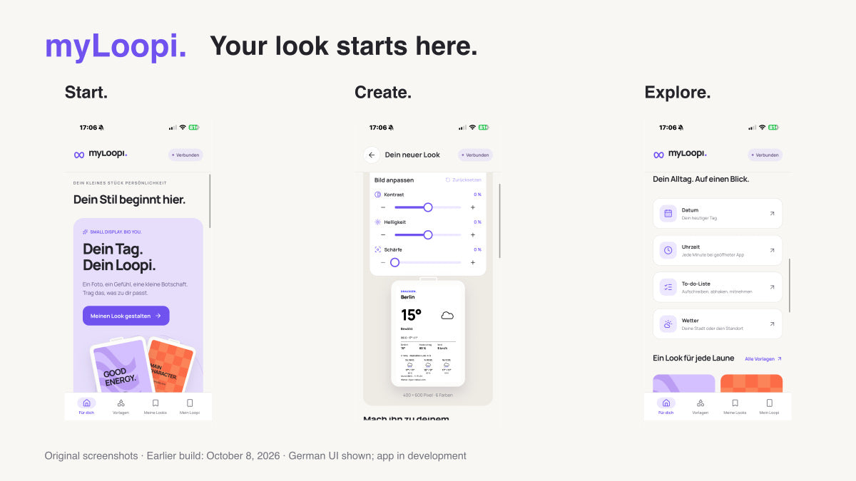 Genuine myLoopi development screenshots showing the home, editor and everyday design views