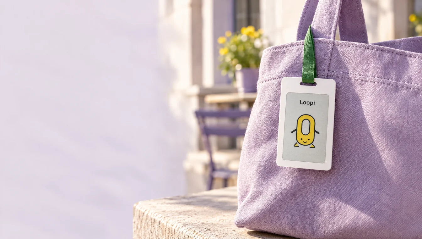 AI advertising illustration: Loopi with the yellow Loopi Pet hangs from a purple bag with one green carrying strap.