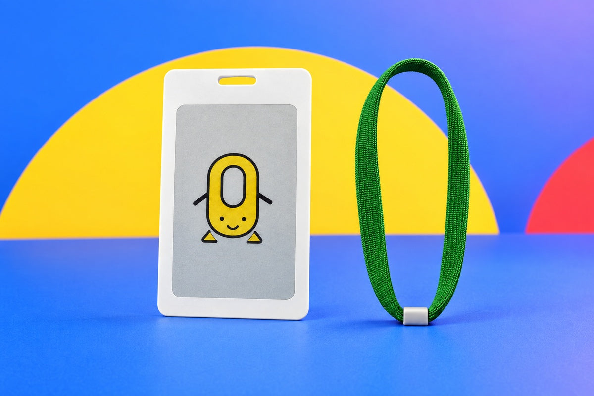 Colourful digital-style AI package illustration: one Loopi Base with the yellow Loopi Pet and one green carrying strap. Accessory colour is an example.