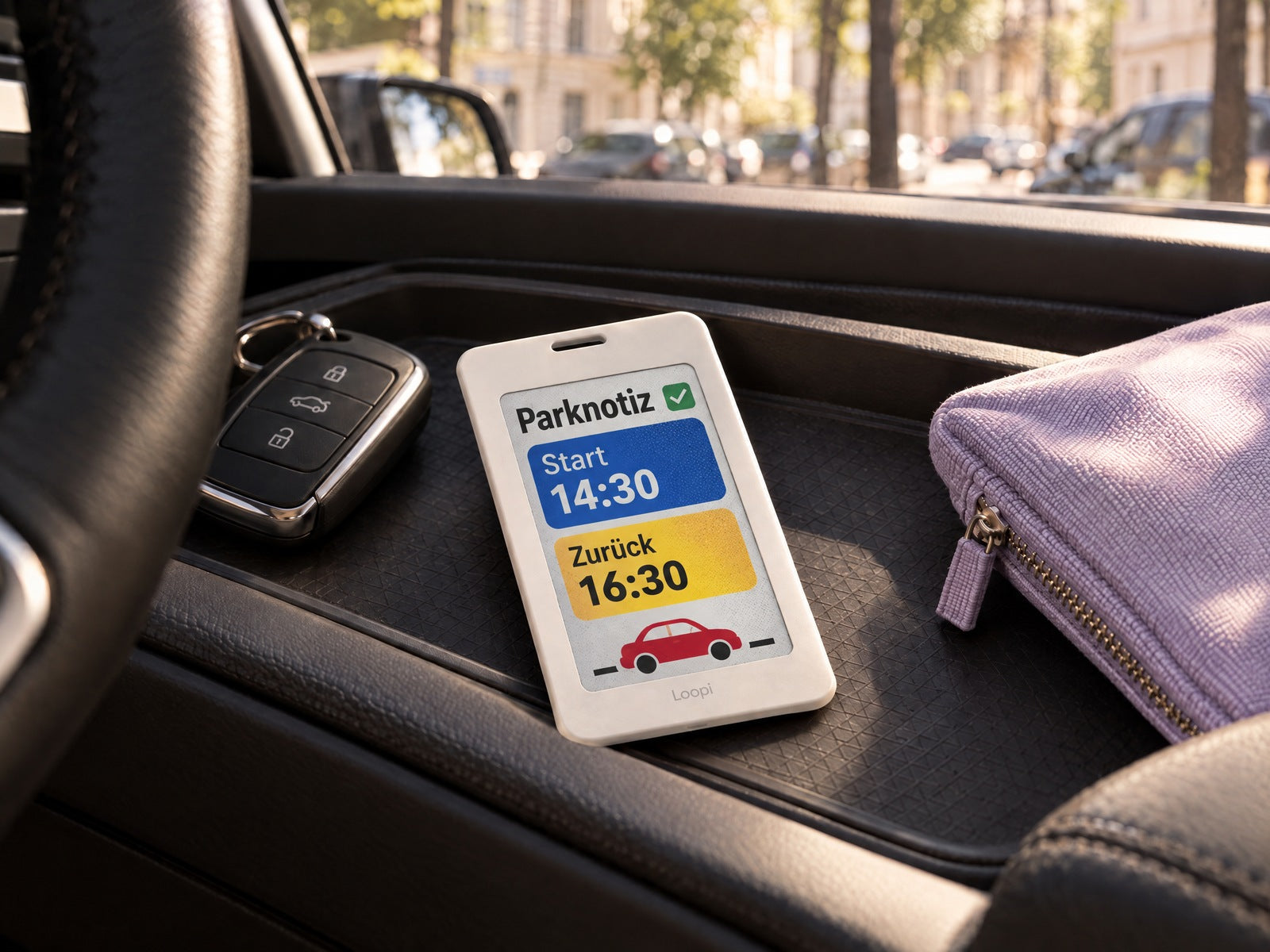 AI design idea: Loopi with a personal colour parking note inside a parked car.