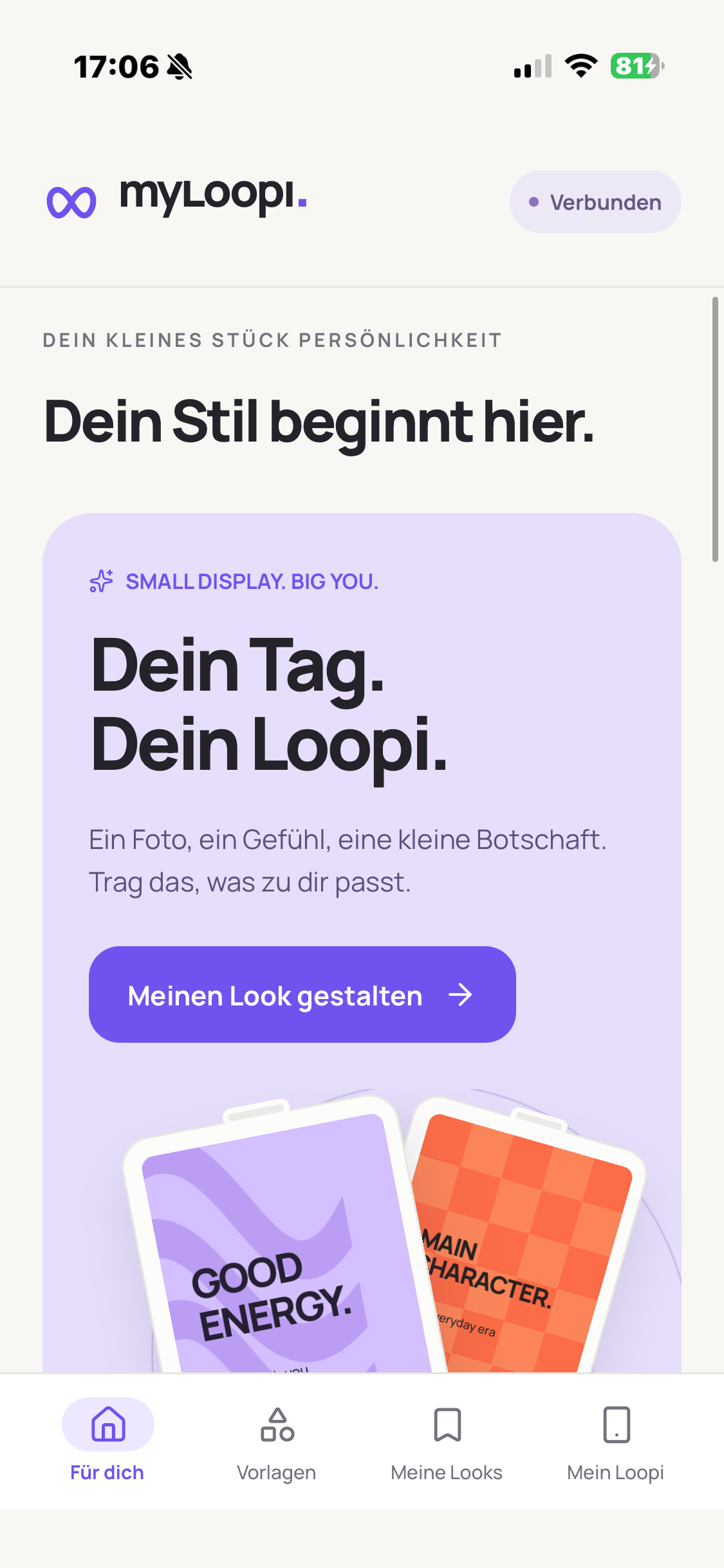 Original myLoopi home screen with the Create my look button